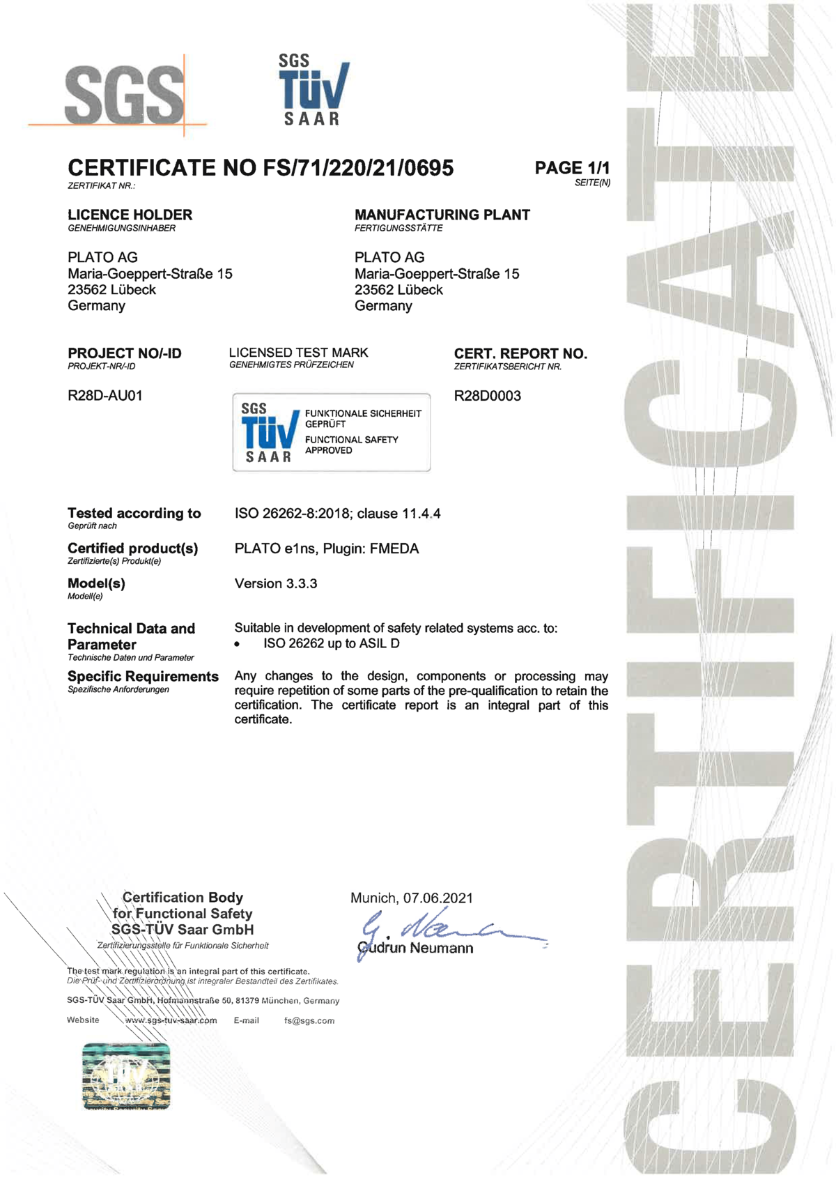 PLATO Functional Safety ist nach ISO 26262 zertifiziert.